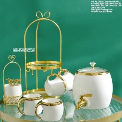 BỘ BÌNH NƯỚC SỨ TRẮNG KÈM GIÁ TREO CAO CẤP